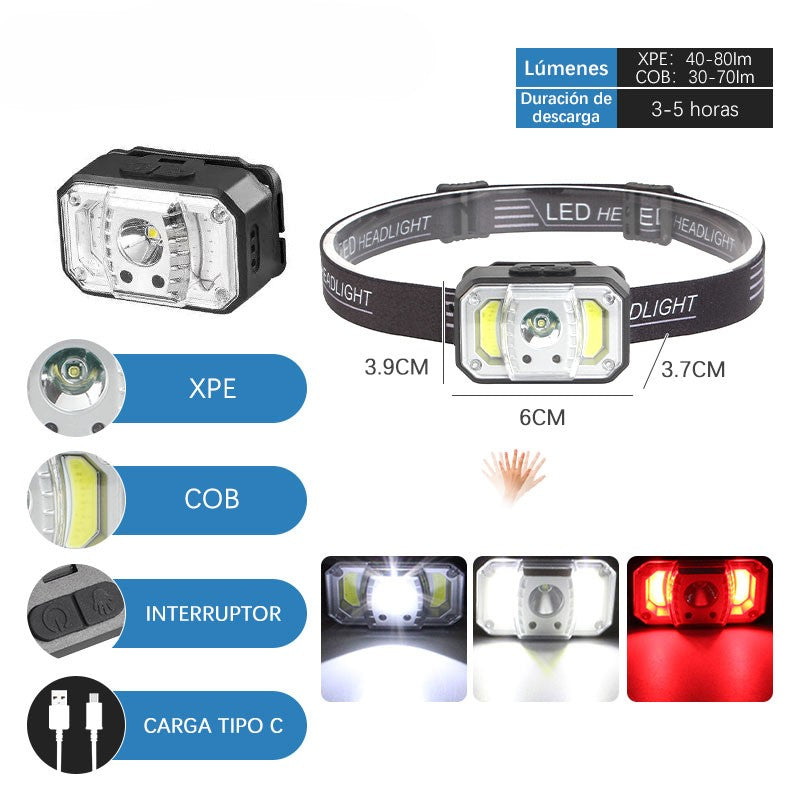 Linterna Frontal Recargable Luz Blanca y Roja